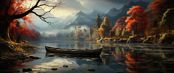 Boat in solitude, mist-covered lake, autumn trees, sunlit peaks, intense forest hues