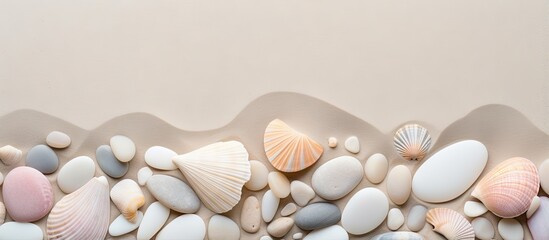 Texture and shells on a beach with white stones isolated pastel background Copy space - obrazy, fototapety, plakaty