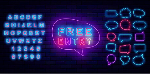 Free entry neon sign. Unpaid entrance for club. Welcome sign on brick wall. Shiny blue alphabet. Vector illustration