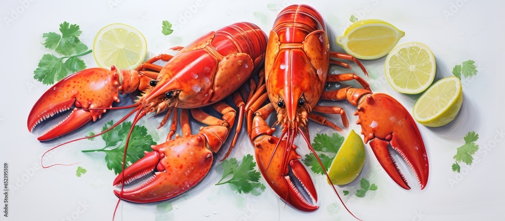 Poster three lobsters on a white table with garnish in sunlight isolated pastel background copy space