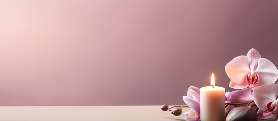 Orchid flowers adorn a lit candle in isolation against a isolated pastel background Copy space