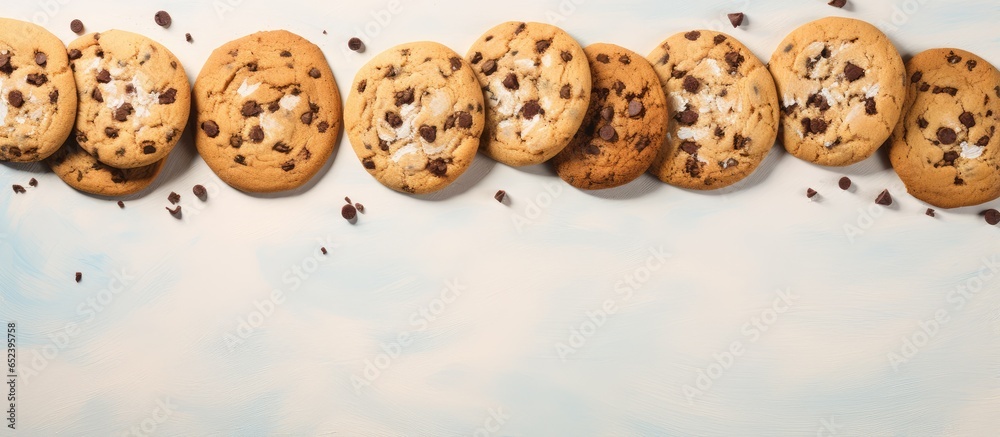 Aufkleber chocolate cookies on a isolated pastel background copy space seen from a close perspective