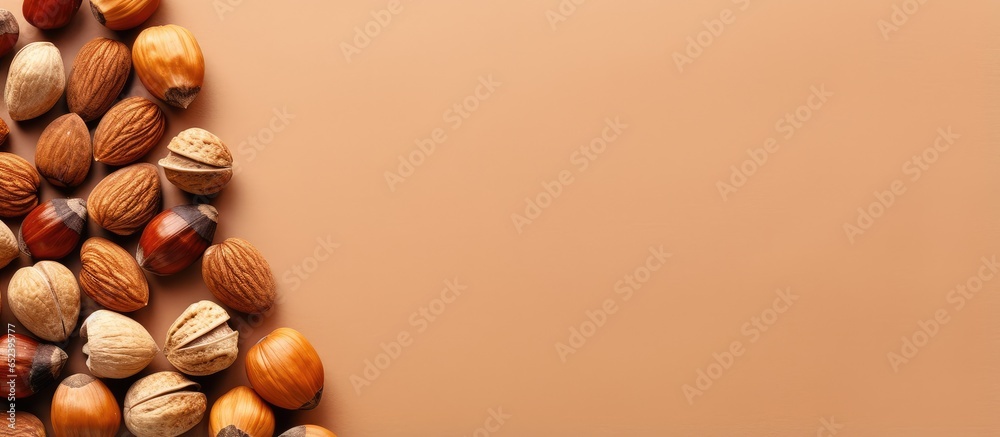 Aufkleber various ripe nuts in their shells against a isolated pastel background copy space