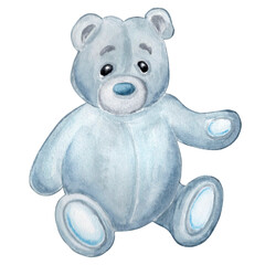 Teddy bear of gray-blue color sits cute soft children's toy Watercolor hand drawn illustration on a white background for your design, decorating invitations and cards, making stickers, scheme for