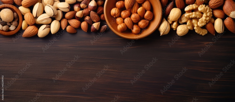 Aufkleber Various ripe nuts in their shells against a isolated pastel background Copy space
