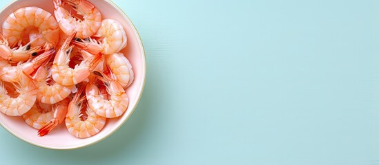 Shrimp isolated pastel background Copy space plate