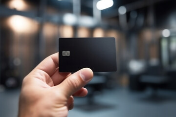hand holding credit card on blurred cafe background.concept of lending and banking services.