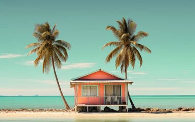 Beach hut at the seaside with coconut trees.