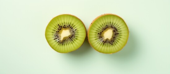 Two halves of a kiwi fruit on a isolated pastel background Copy space