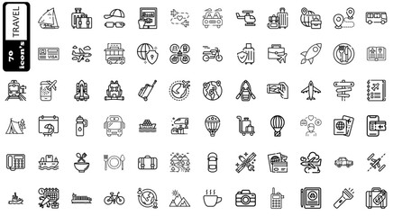 Travel Line Editable Icons set. Vector illustration in modern thin line style of traveling icons types: car, parasut, bag, location, train, helicopter, bus, ship, plane, tram and more. 