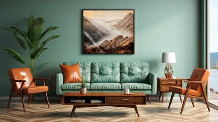 Mock up poster frame in Living Room Mid-Century Modern, Mockups Design 3D, HD