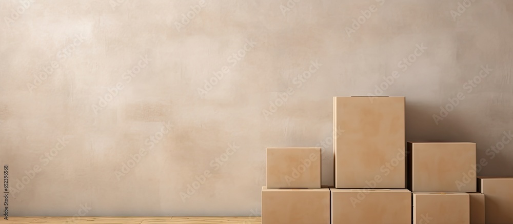 Poster cardboard containers stacked on timber pallets isolated pastel background copy space
