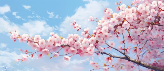 Vibrant cherry blossoms sakura adorn Tokyo Japan under blue skies isolated pastel background Copy...