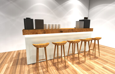 Empty wooden retro bar counter with cafeteria chairs. Can be used as bistro counter or trade show tasting stand. 