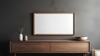 A mock up, a template for a framed painting in a modern interior design with a sideboard, is displayed in the living room.