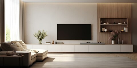 Stylish modern interior of the living room, with sofa and TV, laconic design. Home decor.