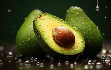Avocados with water drops on the table.