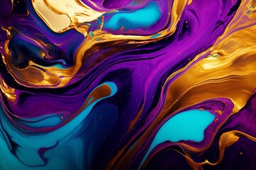 Turquoise, purple, and gold marble ink texture luxury background banner