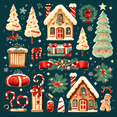 Set of cartoon ornament Christmas pictures. Holidays icons. Wallpaper. Vector style. winter illustration.  Generative ai. 