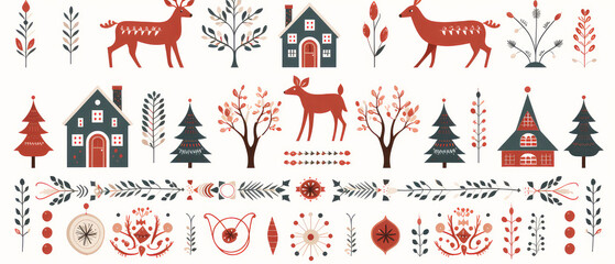 Set of  Scandinavian ornament Christmas pictures. Holidays icons. Wallpaper. Vector style. winter illustration.  Generative ai. 