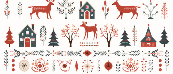 Naklejka premium Set of Scandinavian ornament Christmas pictures. Holidays icons. Wallpaper. Vector style. winter illustration. Generative ai. 