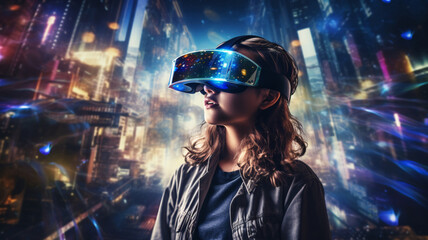 Portrait of young woman wearing. vr reality headset or 3d glasses.