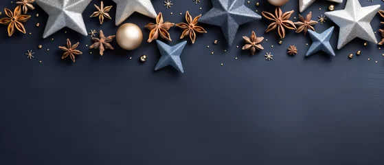 Fotobehang Christmas textured background with stars, glass balls, christmas decoration, spices, particles. Xmas composition. Top view. Flat Lay. Generative ai © Inai