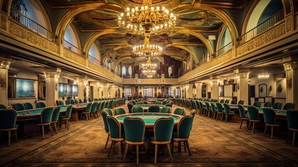 Spacious interior room of a luxurious casino with slot machines, poker tables, and large light chandeliers
