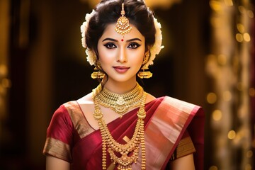 A regal bride in maroon-gold Kanjeevaram epitome of royal lineage and tradition's richness