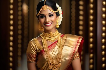 Marathi royal bride in a rich paithani saree, gold motifs, blending tradition with modernity in her smile