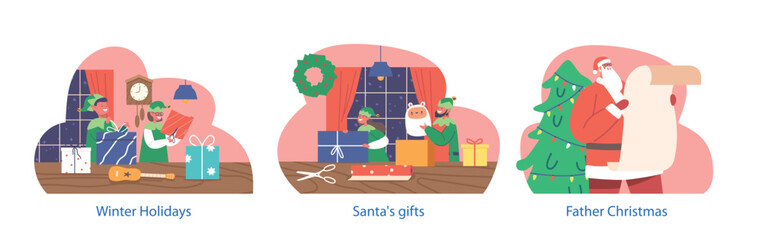 Isolated Elements With Christmas Winter Holiday Scenes. Santa Claus Reading Wish List Scroll, Funny Elves Prepare Gifts