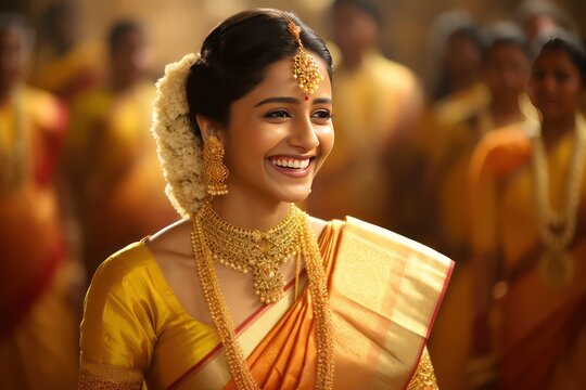 Marathi bride, in embellished paithani saree, her smile a mix of age-old tradition and today's world
