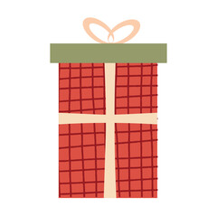 Christmas present, illustration in flat style. Red gift box, birthday celebration, icon isolated on white background. Vector design template, card, banner.