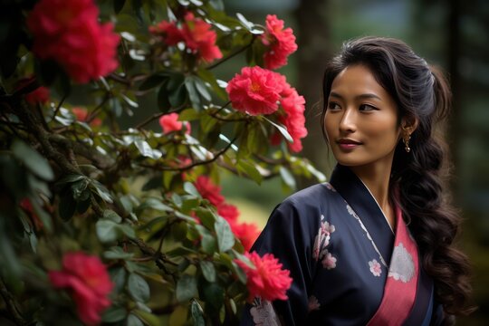 A Sikkimese belle in Bakhu amidst rhododendron blooms a vision of Sikkim's natural splendor.
