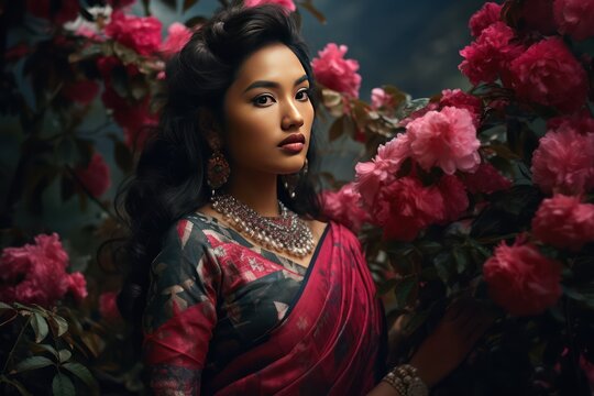 Sikkimese maiden in Bakhu amid rhododendrons, her tie to nature highlighting Sikkim's allure.