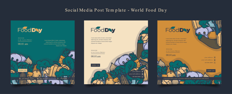 Naklejki Social media post template with cartoon of vegetables design for world food day campaign