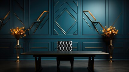 Wall mock up in Dining RoomArt Deco in Blue Color , Mockups Design 3D, HD