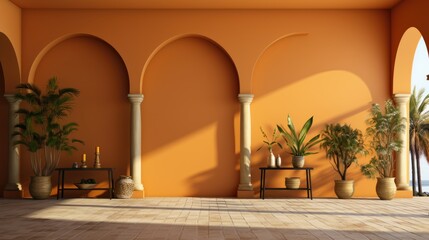 Fototapeta premium Wall mock up in Dining Room Tropical Resort in Orange , Mockups Design 3D, HD