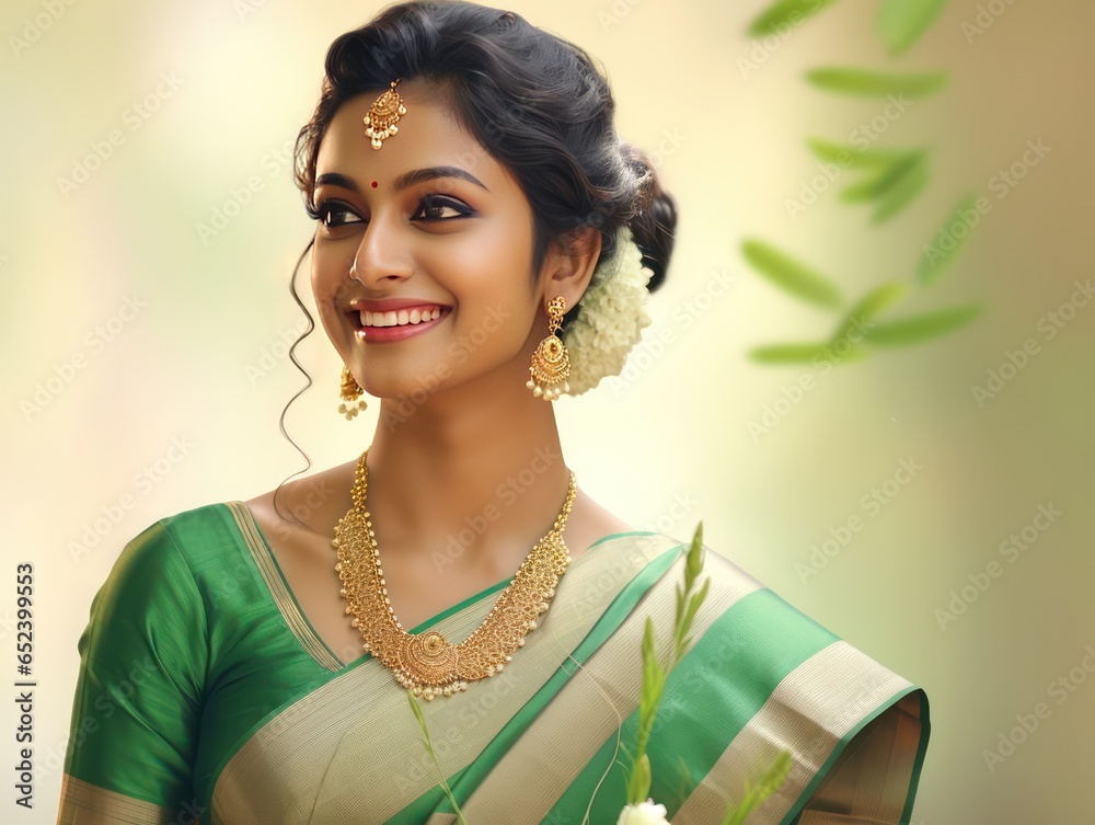 Wall mural elegance of kerala in a bride's green saree and accessories reflecting beauty of keralite culture