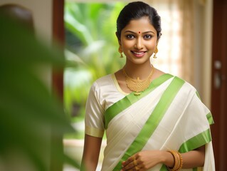 Elegant bride from Kerala in a traditional green saree with accessories capturing regional beauty - obrazy, fototapety, plakaty