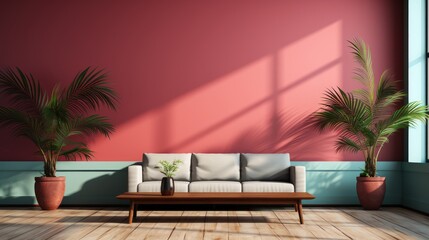 Wall Mockup in Guest Room Tropical Resort in Red Color, Mockups Design 3D, HD