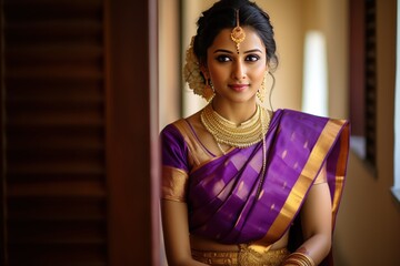 Maharashtrian bride in regal purple paithani saree displays beauty with striking minimalism