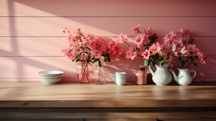 Fototapeta na wymiar Wall mockup in Kitchen Farmhouse Style in Pink Color, Mockups Design 3D, HD