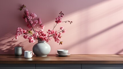 Wall mockup in Kitchen Minimalist Style in Pink Color, Mockups Design 3D, HD