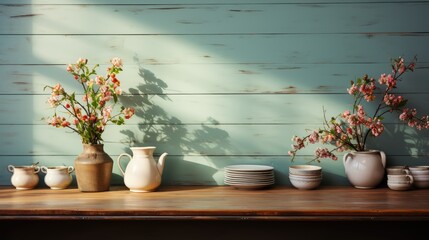 Fototapeta na wymiar Wall mockup in Kitchen Shabby Chic in Pastel Color, Mockups Design 3D, HD