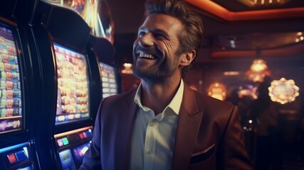 Handsome man in suit laughing and smiling in front of a slot machine in a luxurious casino - obrazy, fototapety, plakaty