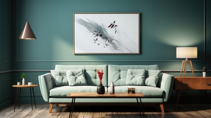 Wall mock up in Living Room Modern Style in Cool Color, Mockups Design 3D, HD