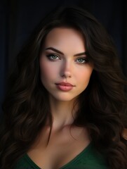 Fototapeta premium Portrait of a Beautiful Woman with Green Eyes and Dark Hairs.