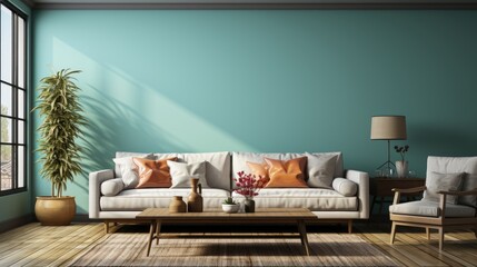 Wall mockup in Living Room Contemporary Style In Cool, Mockups Design 3D, HD