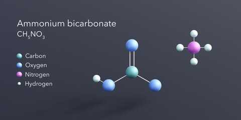ammonium bicarbonate molecule 3d rendering, flat molecular structure with chemical formula and atoms color coding
